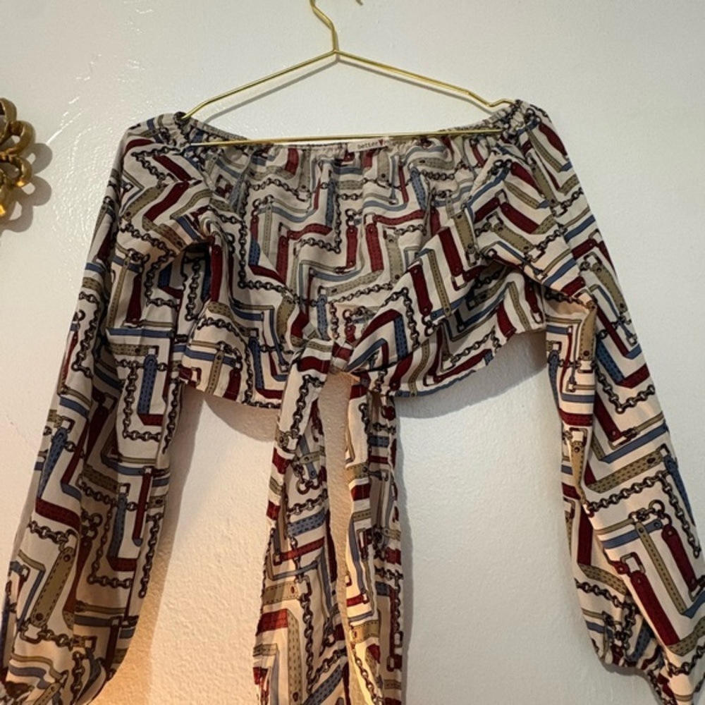 Better Be Off Shoulder Belt Chain Print Blouse Boho Chic Cream Tie Front Top